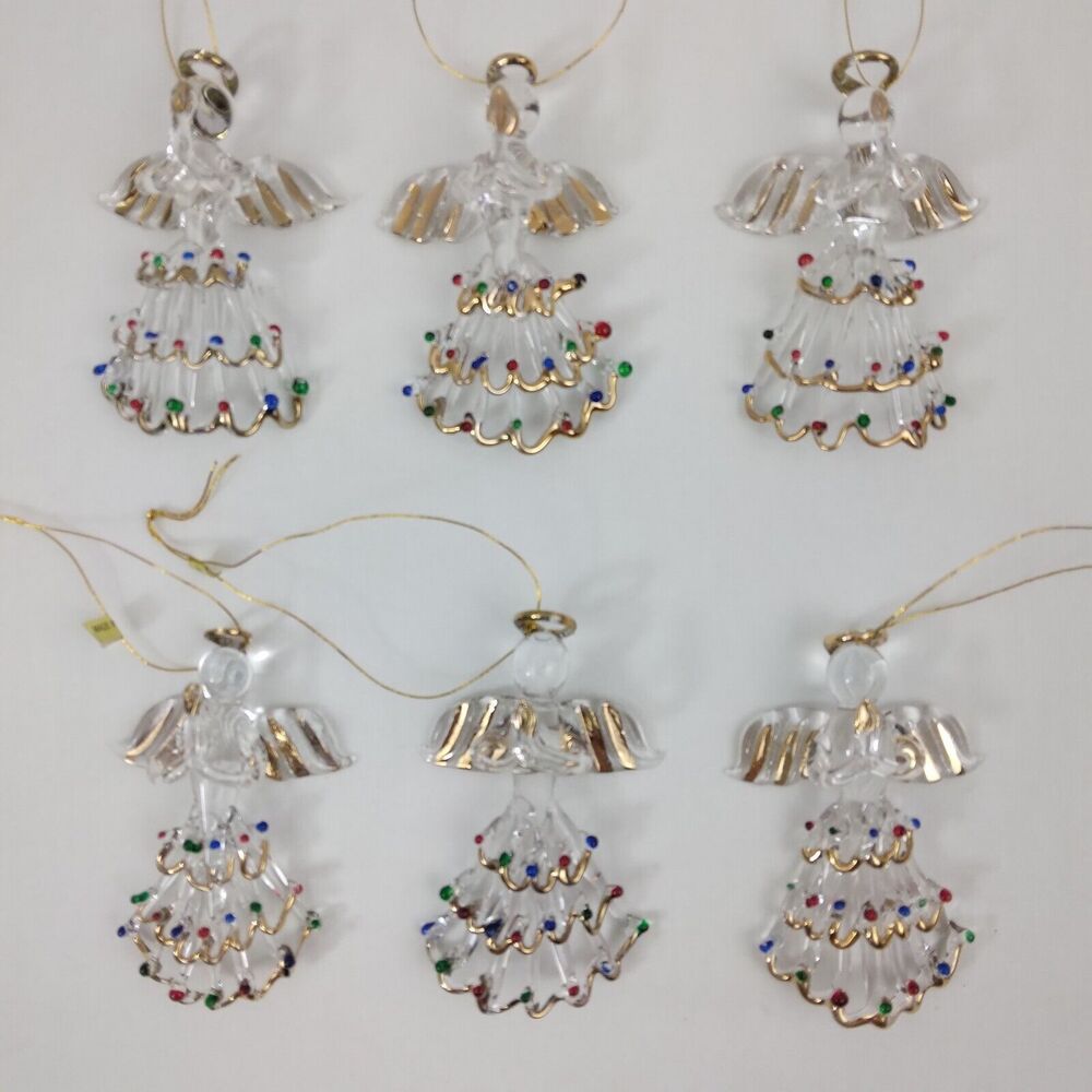 6 Vintage Hand Spun Clear Glass Angel Christmas Ornament Gold Trim Candle Halo - Picture 2 of 5